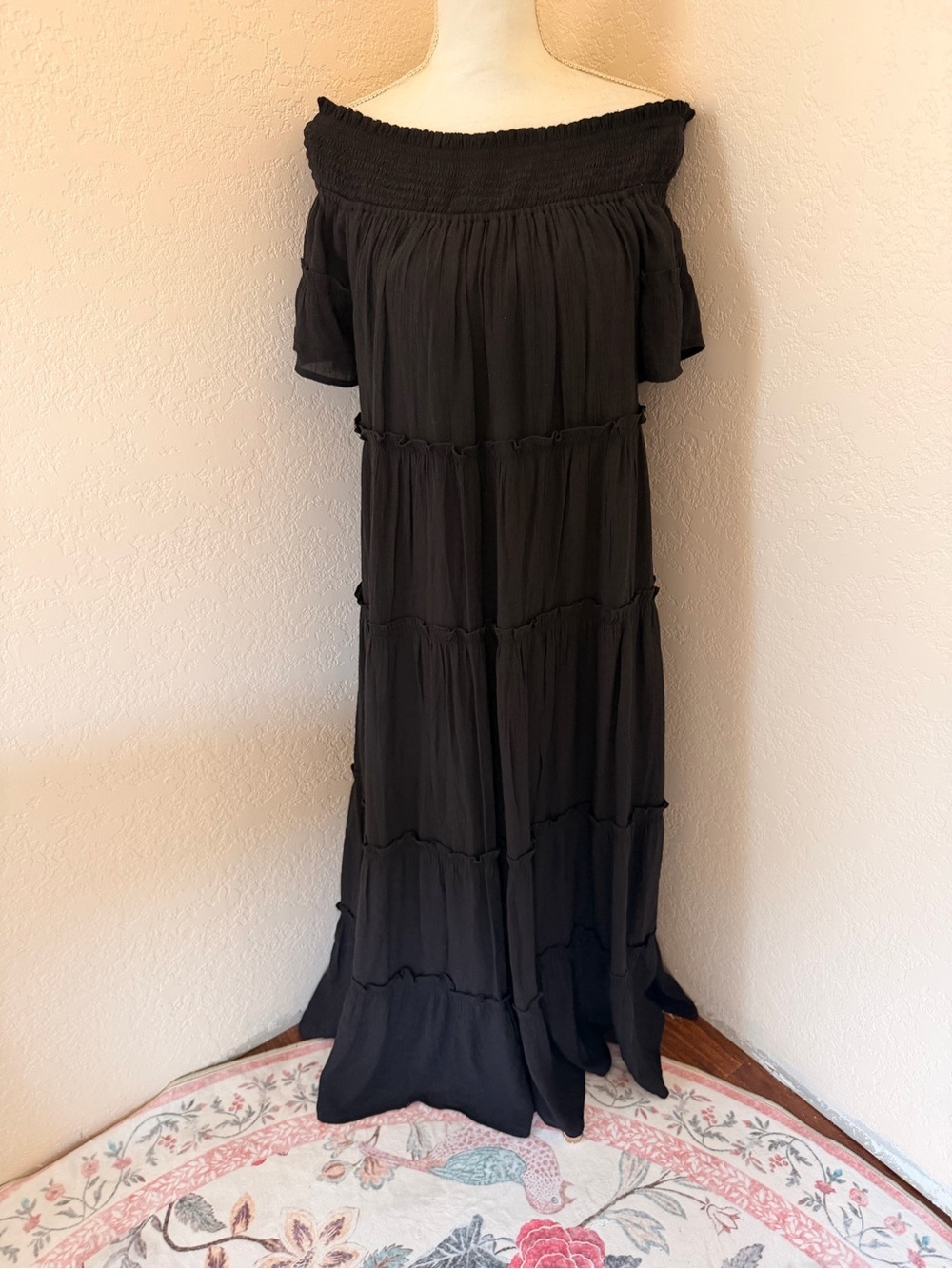JODIFL Black Off-the-Shoulder Tiered Maxi Dress
